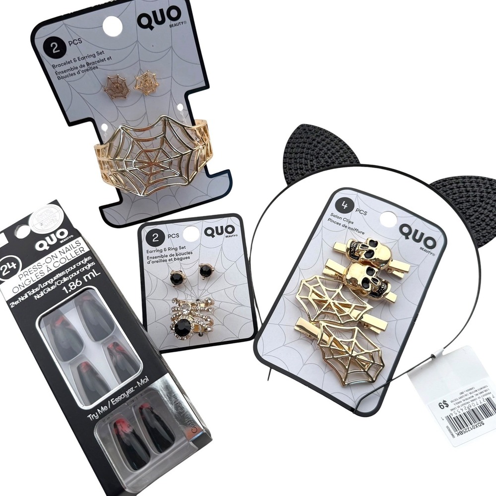 NWT Quo Beauty Goth Accessory Bundle Spiderweb Skull Cat Ears Coffin Nails Gold